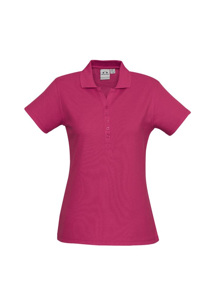 Fuchsia Ladies Crew Polo in size 8 from Biz Collection, featuring breathable fabric, stylish Y-placket, and sun protection.