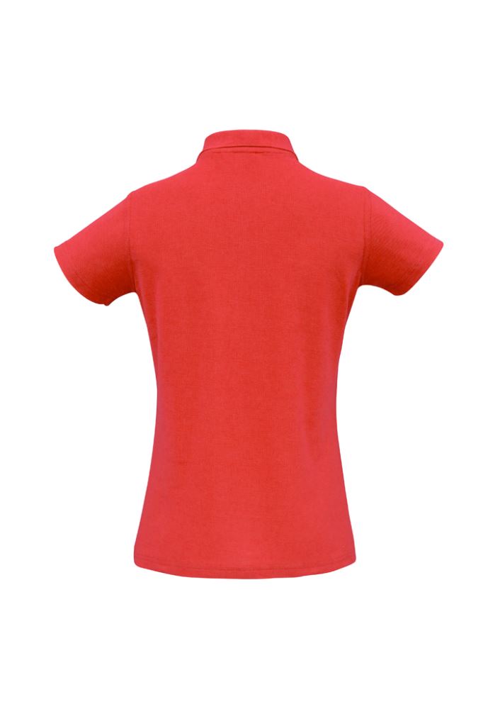 Ladies Crew Polo in red, size 14, featuring a stylish Y-placket and UPF protection for both casual and professional wear.