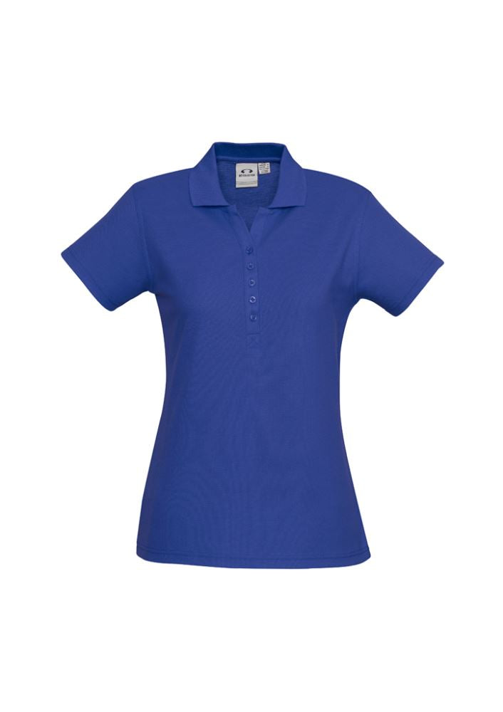 Vibrant royal blue Ladies Crew Polo, size 12, featuring a stylish Y-placket and durable design for comfort and sun protection.