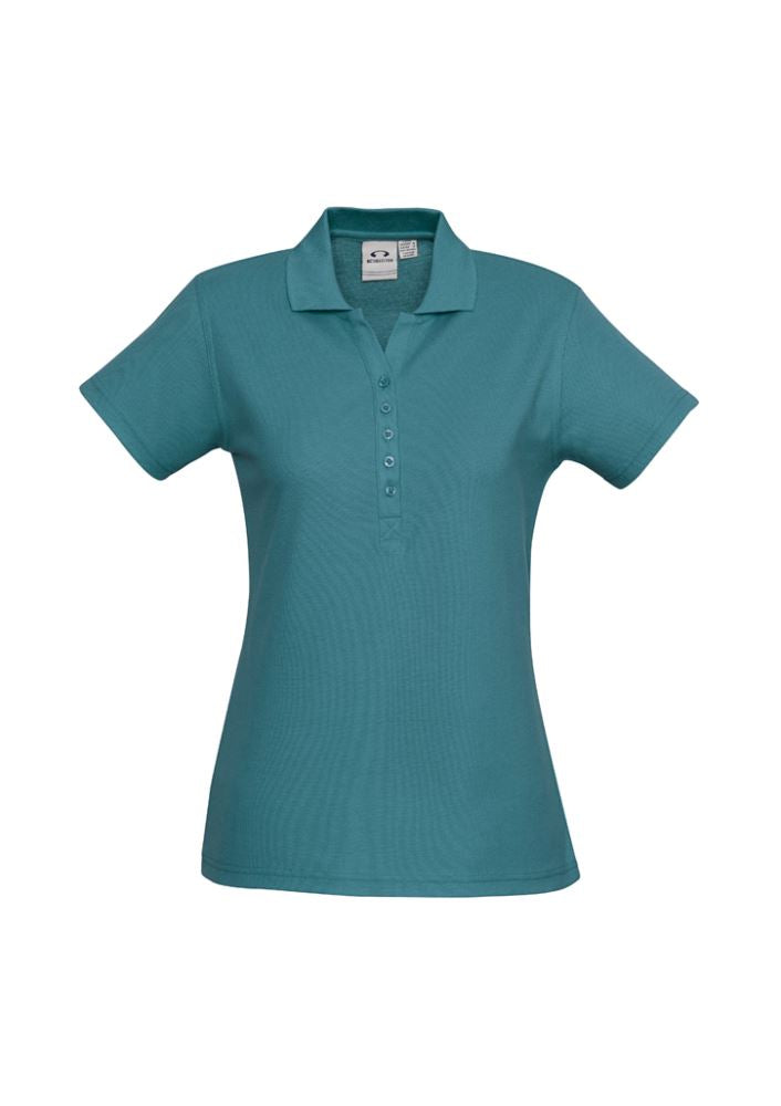 Teal Ladies Crew Polo in size 24, featuring a stylish Y-placket, knitted collar, and high-quality cotton blend fabric.