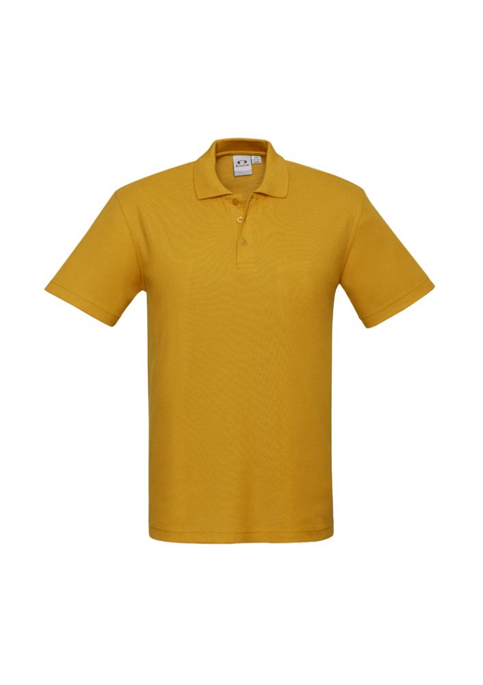 Gold men's crew polo in 5XL, featuring breathable fabric, UPF protection, a pocket, and a sleek knitted collar.