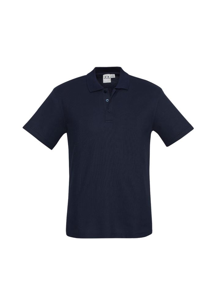 Men's Navy Crew Polo by Biz Collection, size M, featuring breathable fabric, stylish collar, and loose pocket for essentials.