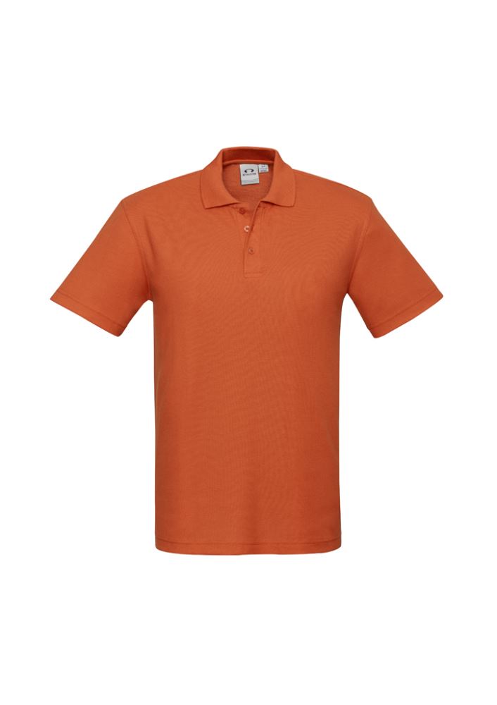 Mens Crew Polo in vibrant orange, Size M, offering comfort, durability, UV protection, and a stylish knitted collar.