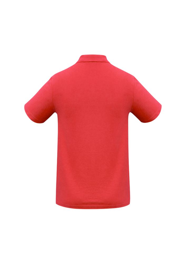 Men's red crew polo, size M, made from durable polyester-cotton blend, features pocket, breathable fabric, and stylish collar.