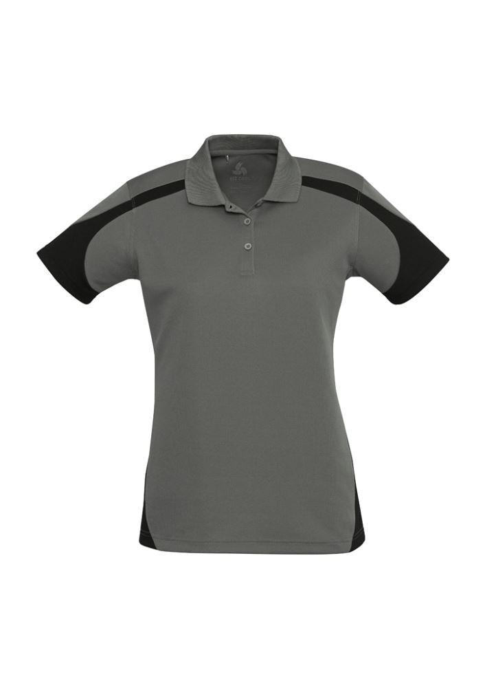 Ladies Talon Polo in Ash/Black, Size 14, featuring breathable polyester, UV protection, and stylish contrast design.