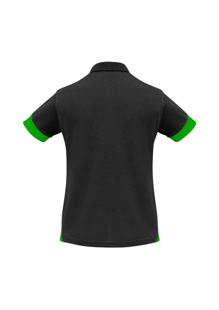 Ladies Talon Polo in black and green, size 20, featuring breathable fabric, stylish collar, and sun protection.