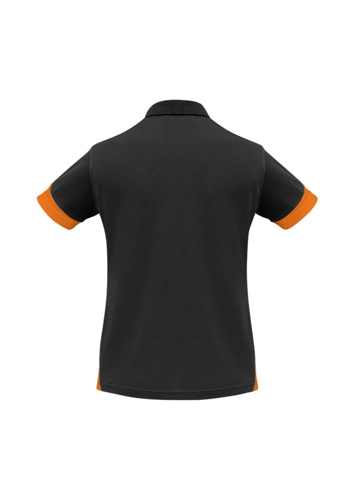 Ladies Talon Polo in black and orange, Size 22, featuring a breathable design, matching collar, and UPF sun protection.