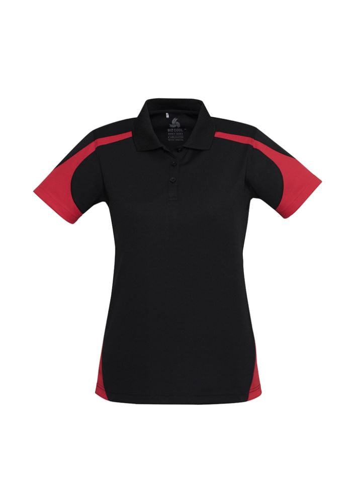 Ladies Talon Polo in Black/Red, Size 18, featuring breathable polyester and sporty design elements for style and comfort.