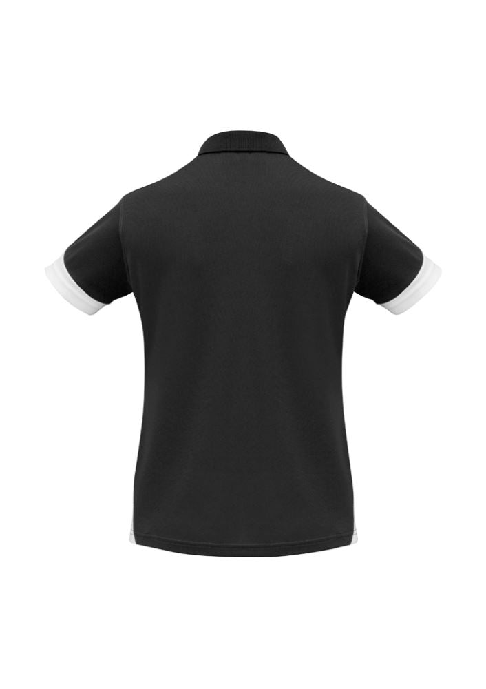 Ladies Talon Polo in Black/White, size 16; lightweight, breathable polyester with stylish collar and contrast panels.