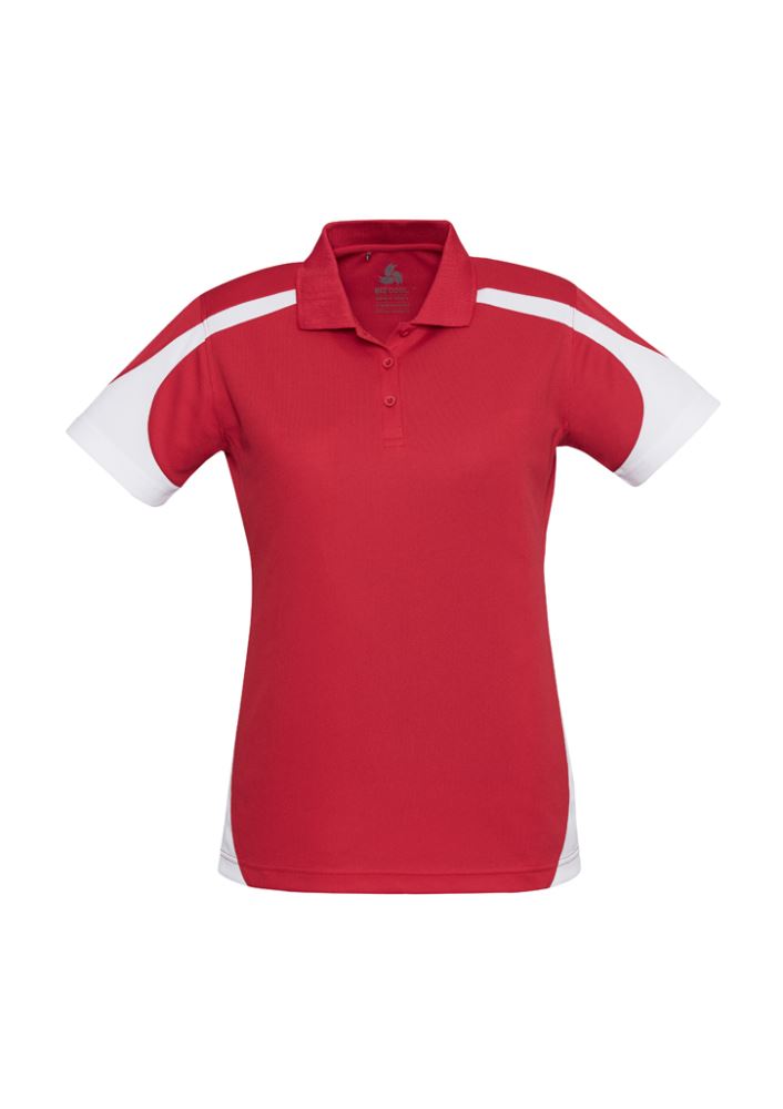 Red and white Ladies Talon Polo from Biz Collection, Size 10, featuring breathable fabric, matching collar, and sun protection.