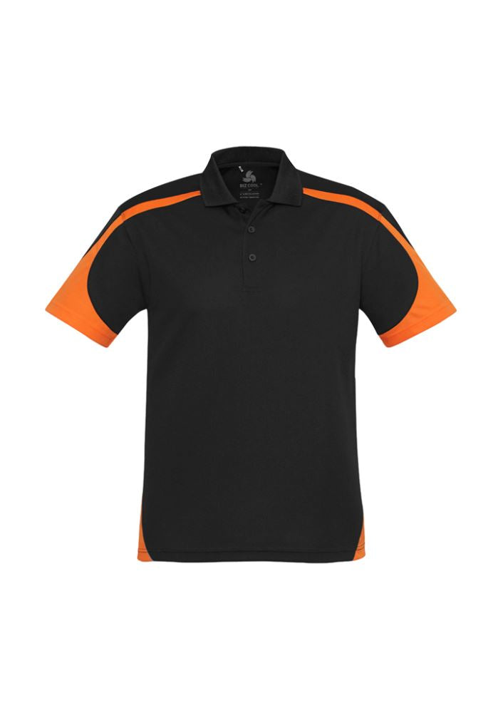Mens Talon Polo in black and orange, 5XL, features breathable fabric, tailored fit, PP UPF sun protection, and a loose pocket.