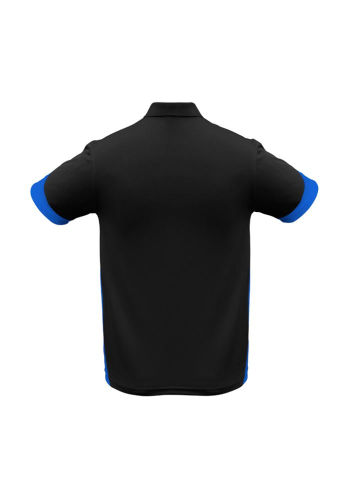 Men's Talon Polo in Black/Royal, Size S, featuring breathable fabric, sporty contrasts, and a loose pocket for convenience.