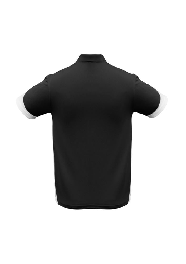 Men's Talon Polo in black and white, size M, featuring breathable fabric, UPF protection, and a practical pocket.
