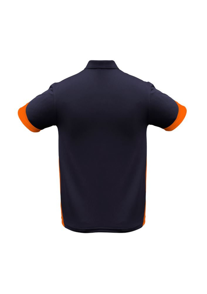 Men's Talon Polo in Navy/Orange, Size S, featuring breathable fabric, UPF protection, and stylish contrast panels.