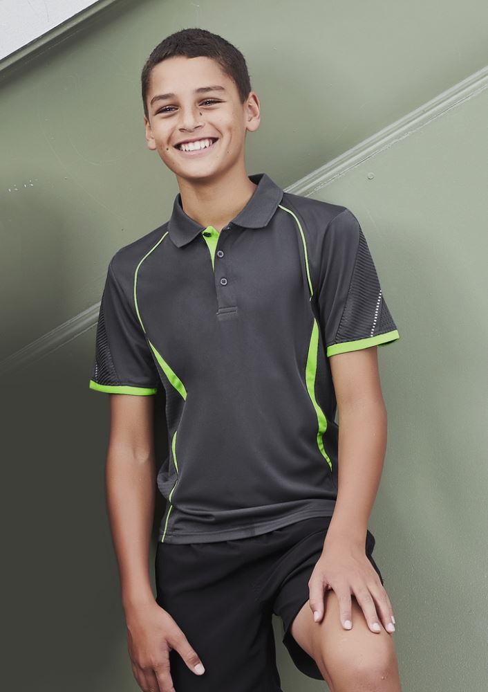 Kids Razor Polo in navy and white, size 4, featuring breathable mesh panels, unique sleeve print, and sun protection.