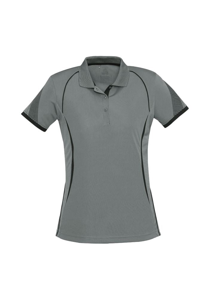 Ladies Razor Polo in Ash/Black, size 22, featuring breathable mesh panels and stylish contrast details for active wear.
