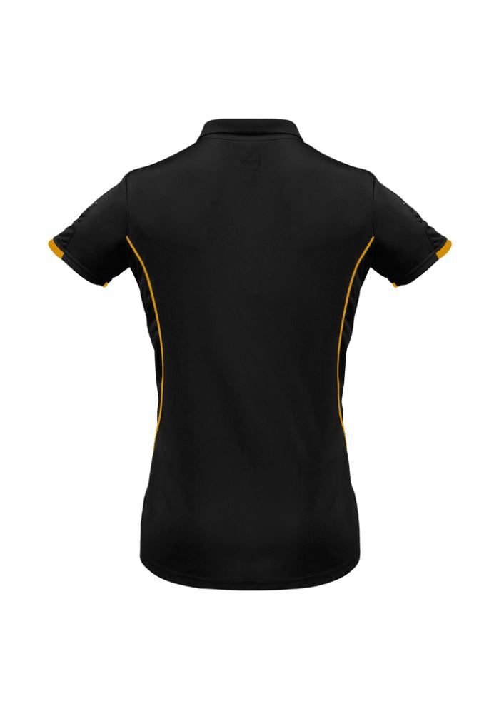 Ladies Razor Polo in black and gold, size 24, featuring breathable mesh panels and stylish contrast details for comfort and elegance.