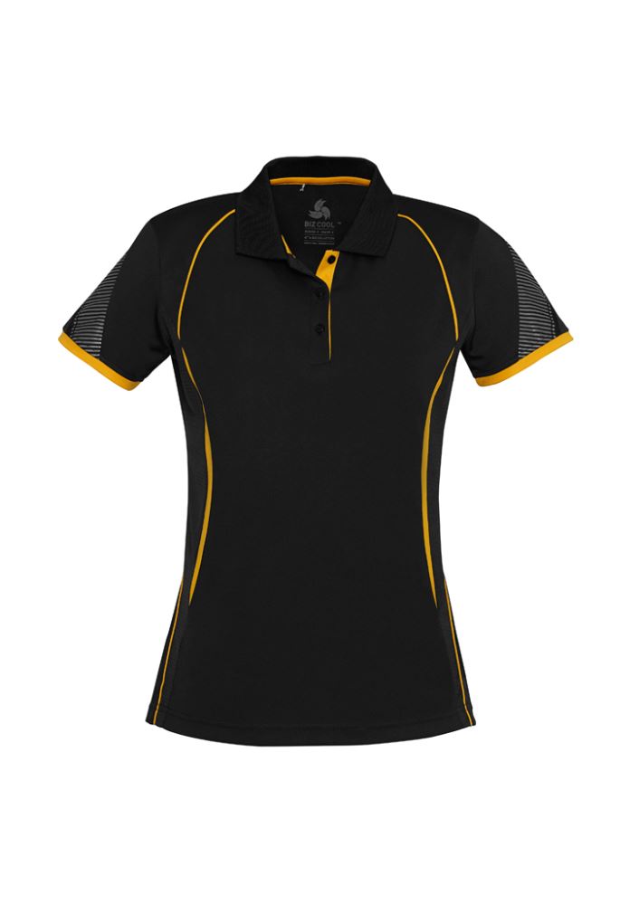 Ladies Razor Polo in Black and Gold, Size 10, features breathable fabric, stylish design, and sun protection ideal for various occasions.