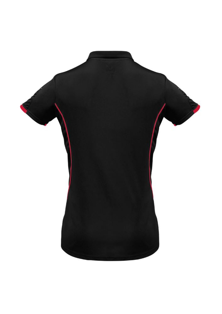Black and red Ladies Razor Polo, Size 16, featuring breathable grid mesh, stylish print, and sun protection.