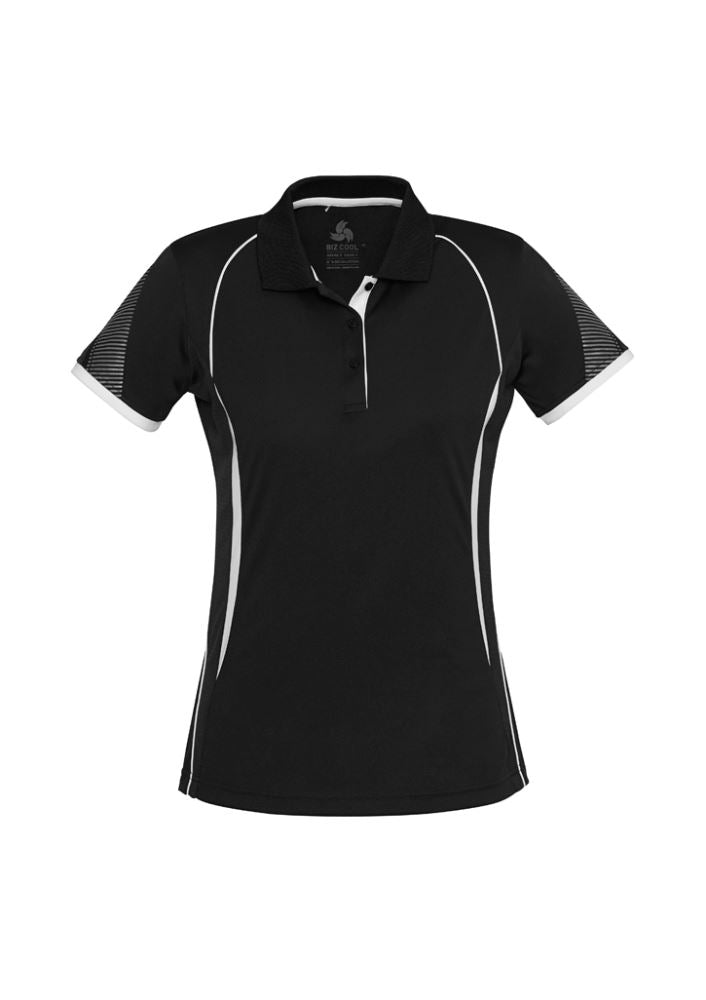 Ladies Razor Polo in black and white, size 24, featuring breathable mesh, printed sleeves, and a stylish knitted collar.