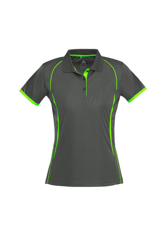 Ladies Razor Polo in Grey and Fluoro Lime, Size 24, featuring breathable fabric, stylish prints, and UPF protection for activewear.