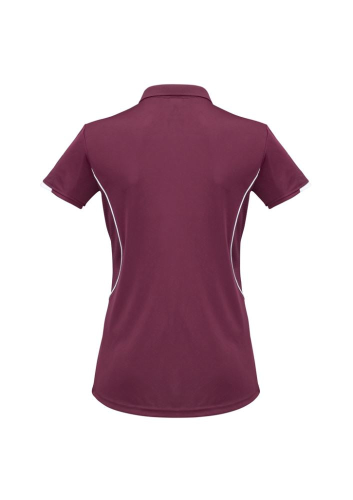 Ladies Razor Polo in maroon and white, size 24, featuring breathable mesh, unique sleeve print, and UPF sun protection.