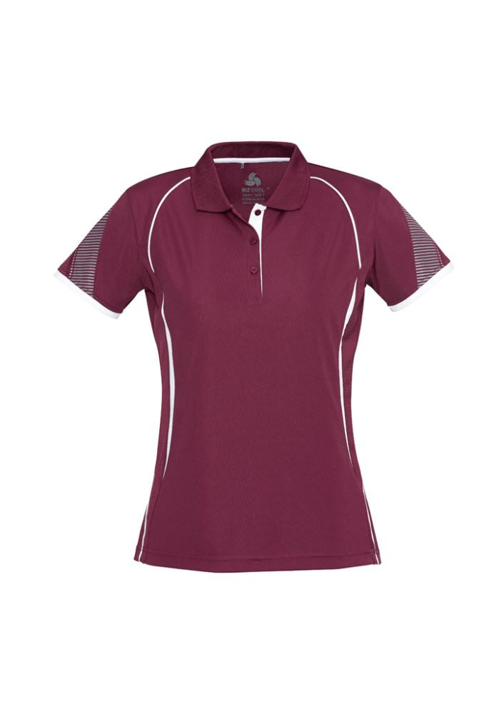 Maroon and white Ladies Razor Polo in size 20, featuring breathable fabric, stylish prints, and a polished knitted collar.