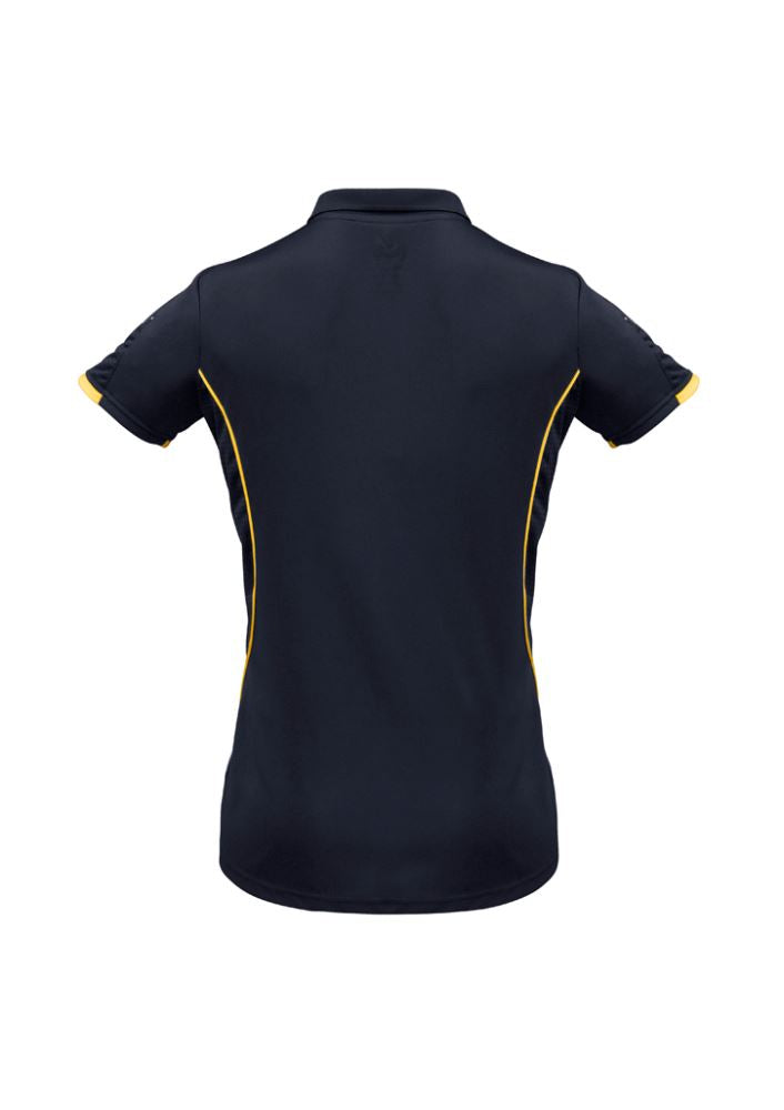 Navy and gold Ladies Razor Polo, size 14, featuring breathable mesh, unique sleeve print, and a stylish knitted collar.