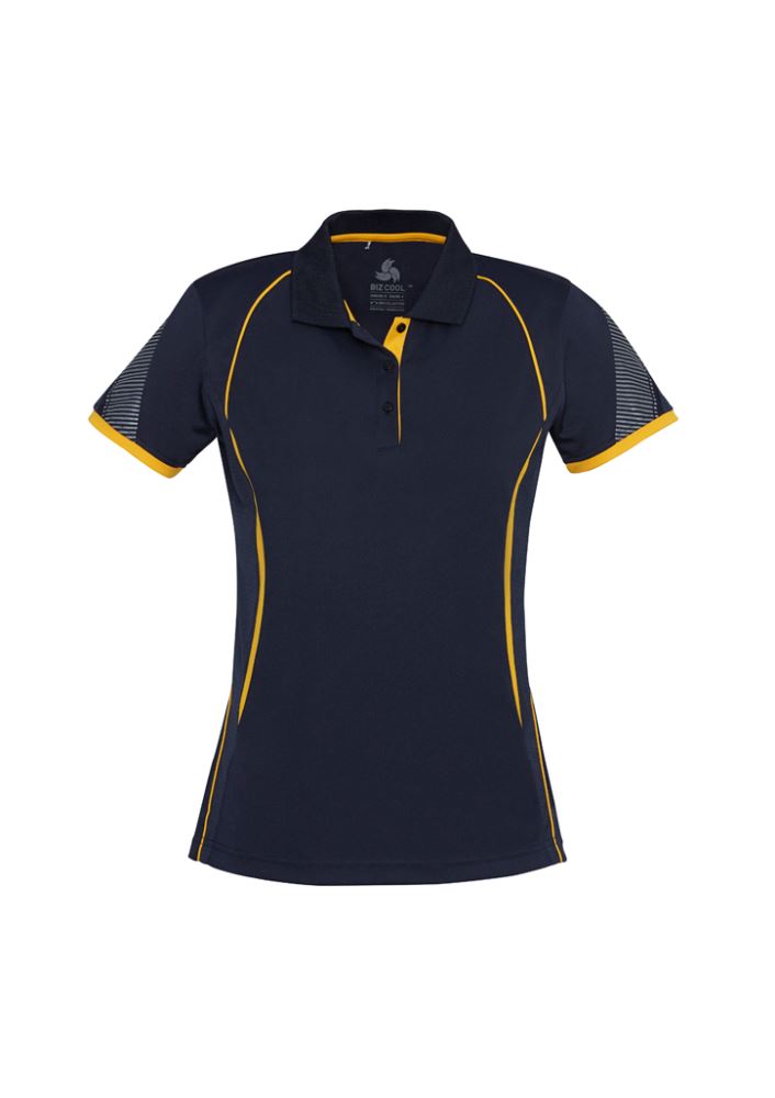 Navy and gold Ladies Razor Polo in size 20 with breathable fabric, stylish collar, and unique sleeve print for comfort and style.
