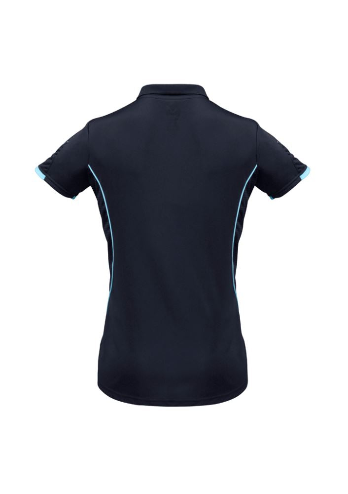 Ladies Razor Polo in Navy/Sky, Size 22, featuring breathable fabric, unique prints, UPF protection, and stylish design.