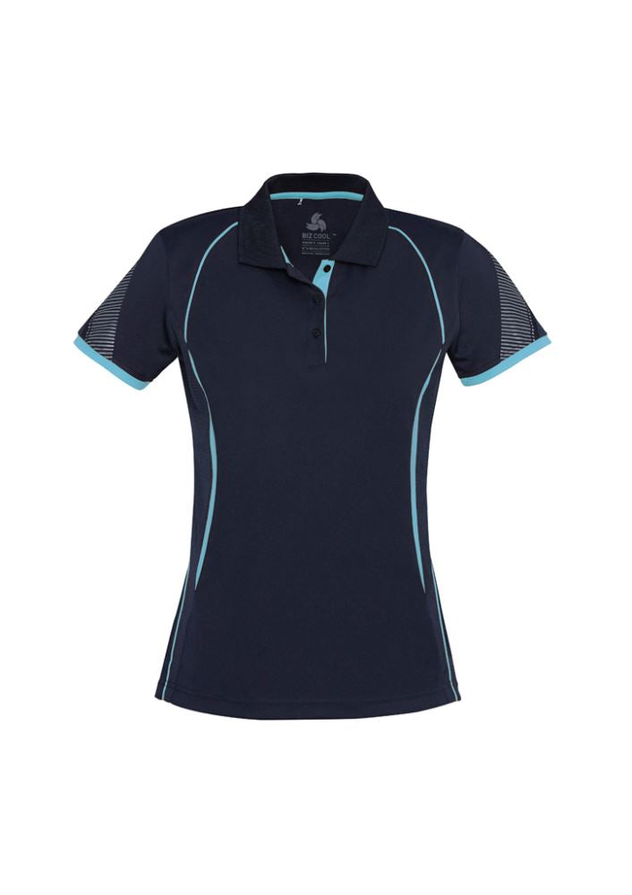 Navy/Sky Ladies Razor Polo in size 18 with breathable fabric, unique sleeve print, and stylish contrast details.