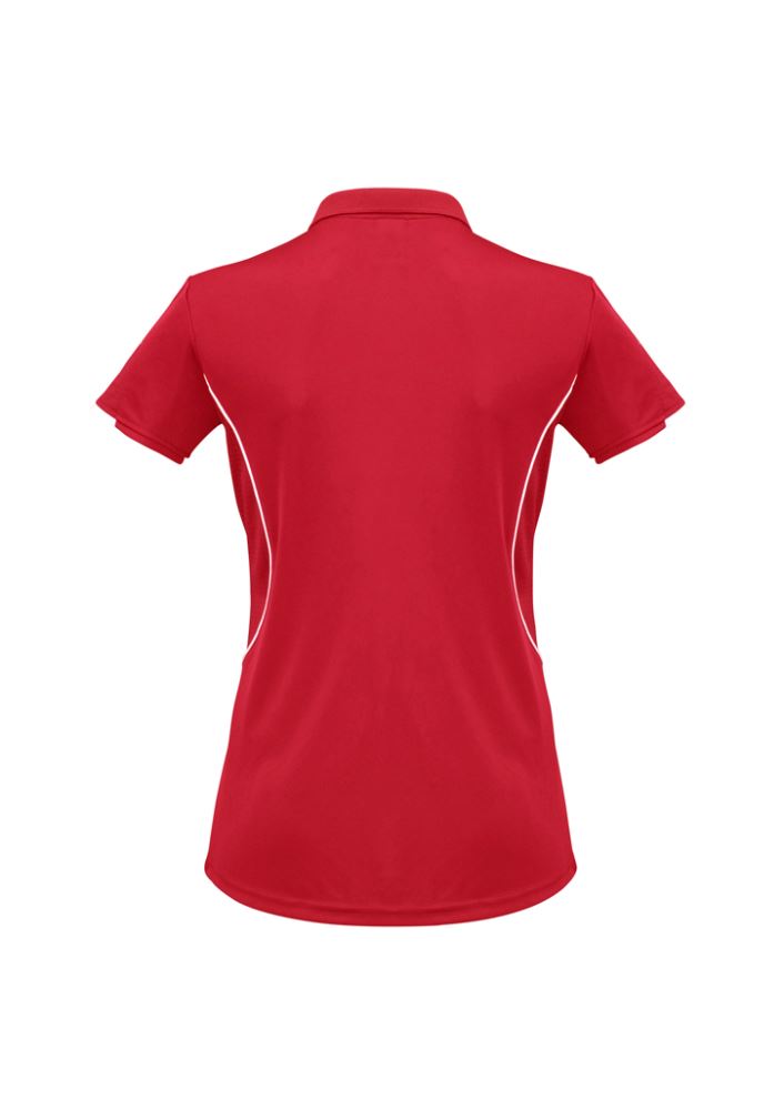 Ladies Razor Polo in red and white, Size 14, featuring breathable mesh underarms and stylish contrast design elements.