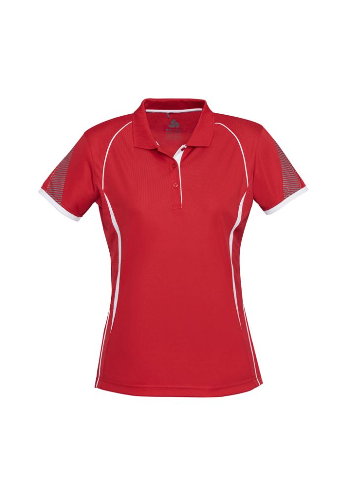 Ladies Razor Polo in red and white, size 10, featuring breathable mesh, unique sleeve print, and a stylish knitted collar.