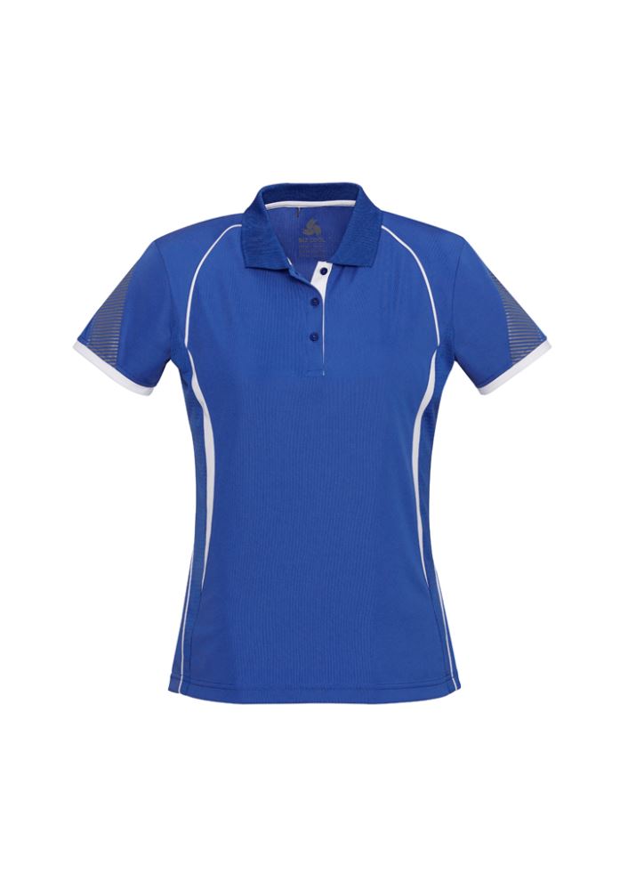 Stylish Ladies Razor Polo in Royal/White, size 14, featuring breathable mesh panels and unique sleeve print for comfort.