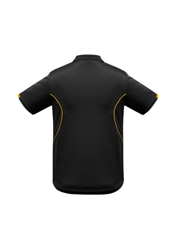 Kids Razor Polo in Black and Gold, size 10, featuring breathable mesh, UPF protection, and stylish contrast design.