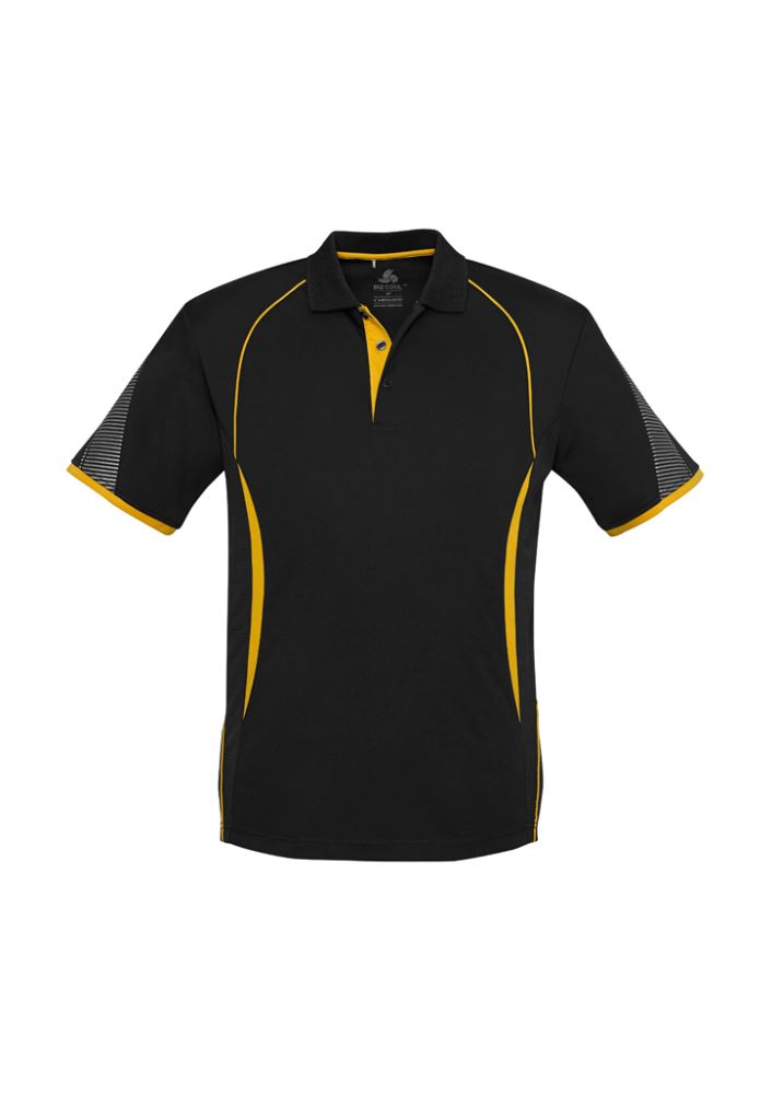 Men's Razor Polo in Black/Gold, Size XL, featuring breathable mesh, unique sleeve print, and UPF sun protection.
