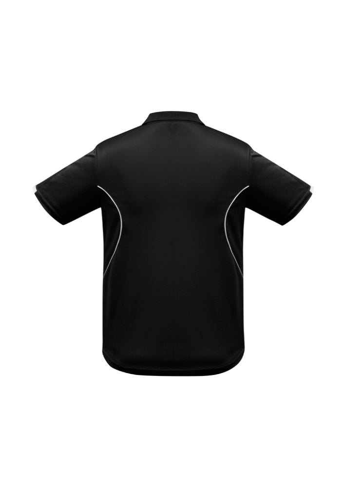 Kids Razor Polo in black/white, size 6; features breathable mesh, stylish prints, and sun protection for active wear.