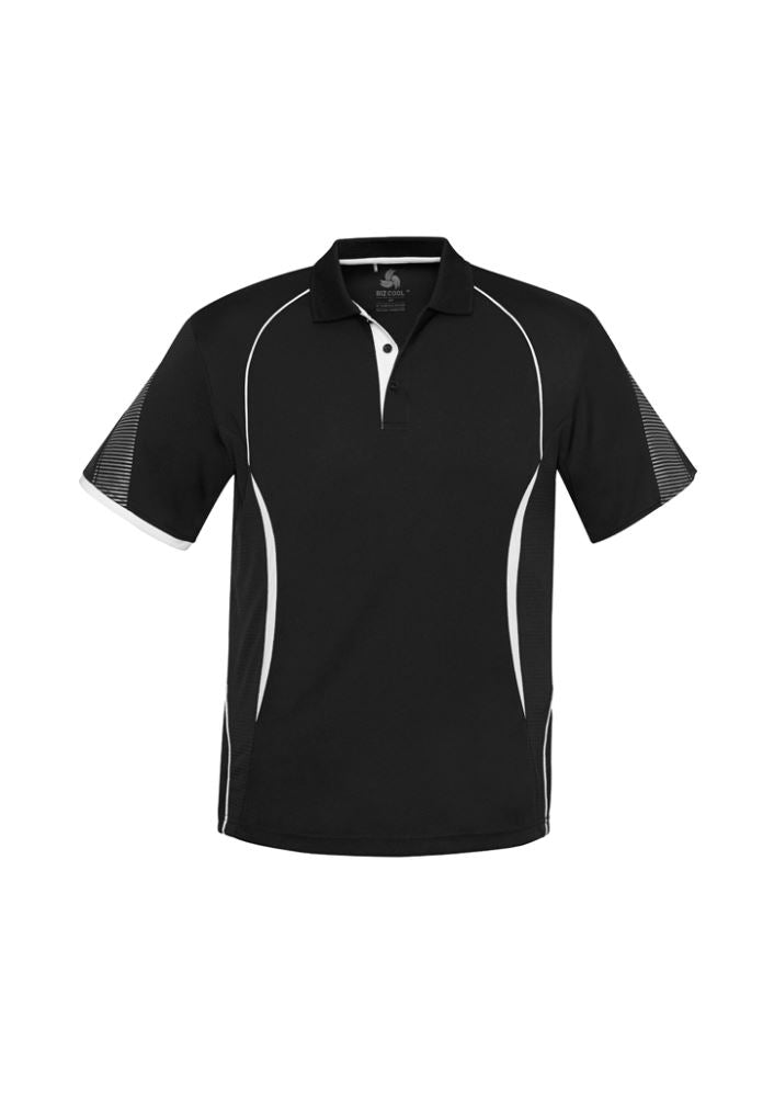 Men's Razor Polo in Black/White, lightweight polyester, breathable mesh panels, unique print, and practical pocket, Size M.