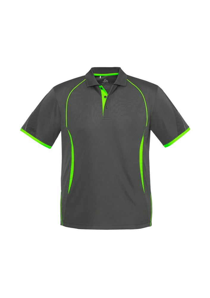 Men's Razor Polo in grey and fluoro lime, featuring breathable fabric, stylish underarm mesh, and practical pocket. Size L.