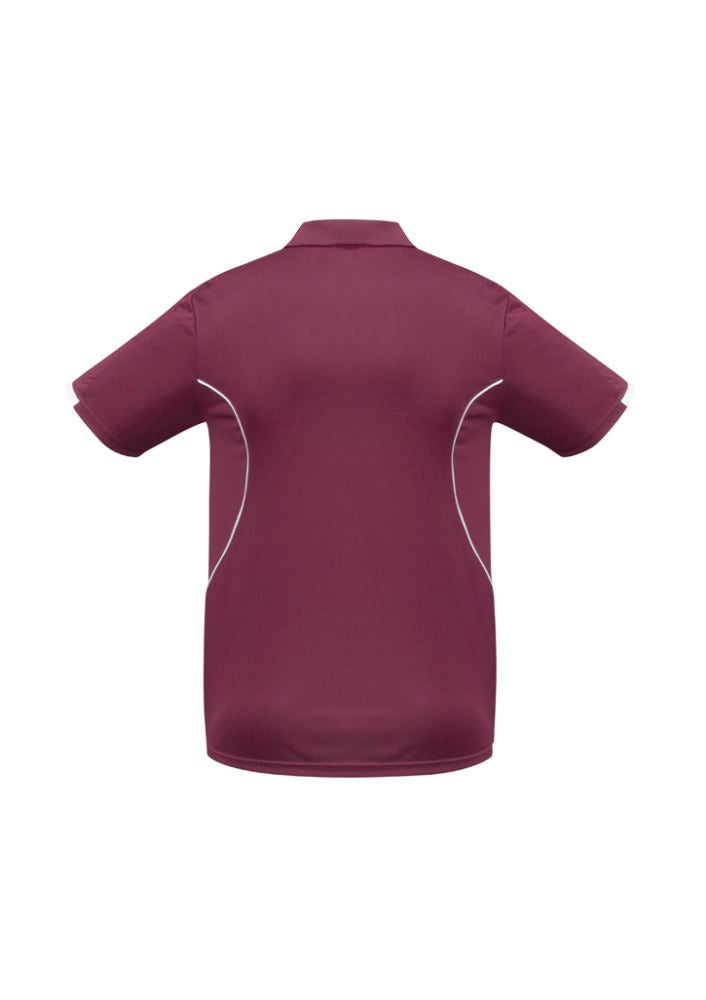 Kids Razor Polo in Maroon/White, Size 10, featuring breathable fabric, unique sleeve print, and stylish contrast details.