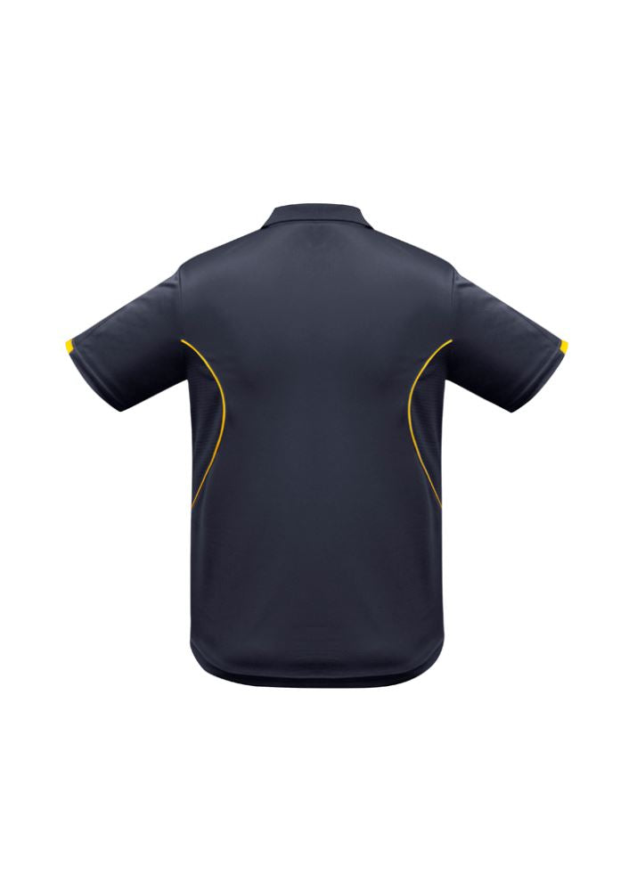 Kids Razor Polo in Navy and Gold, size 10, featuring breathable fabric, unique sleeve print, and sun protection.