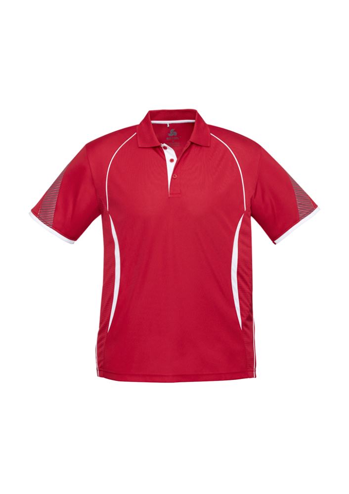 Men's Razor Polo in red and white, size L, featuring breathable mesh panels, stylish prints, and a practical pocket.