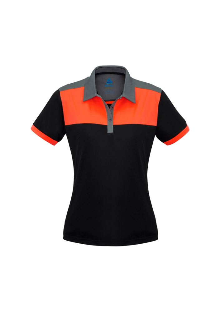 Ladies Charger Polo in Black, Fluoro Orange, and Grey, Size 12, made of lightweight, odor-resistant BIZ COOL™ polyester.