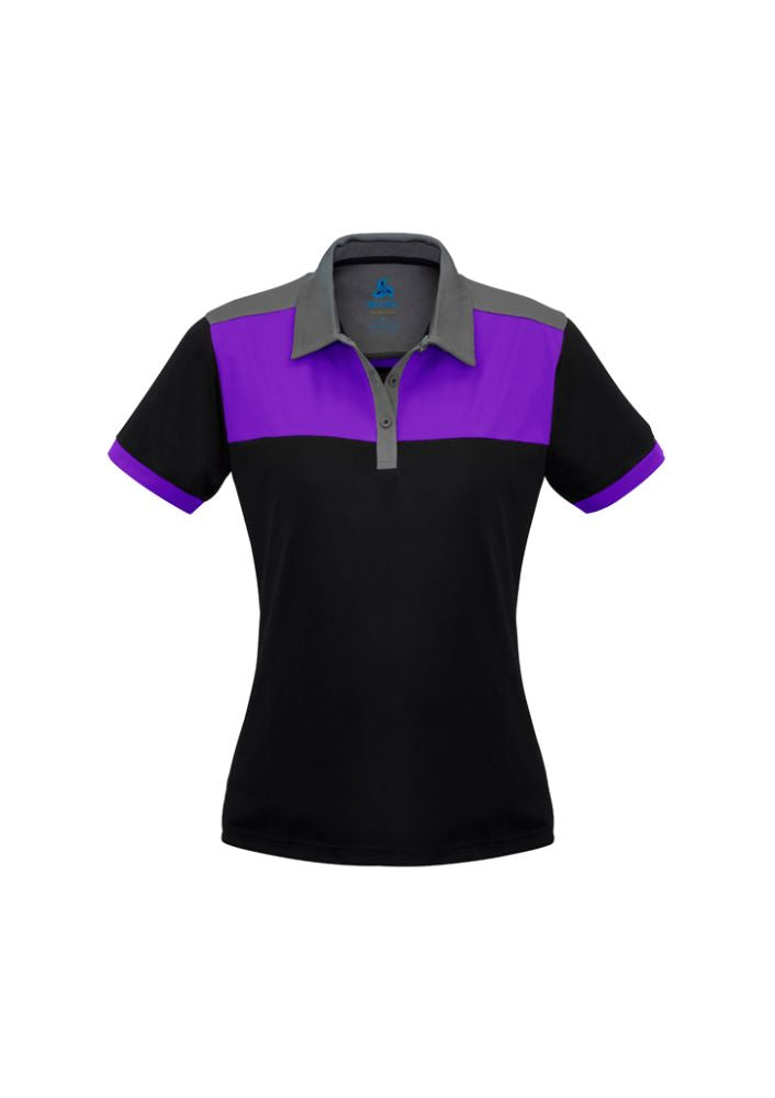 Ladies Charger Polo in Black, Purple, and Grey, size 8, offering comfort, breathability, and UV protection for activewear.