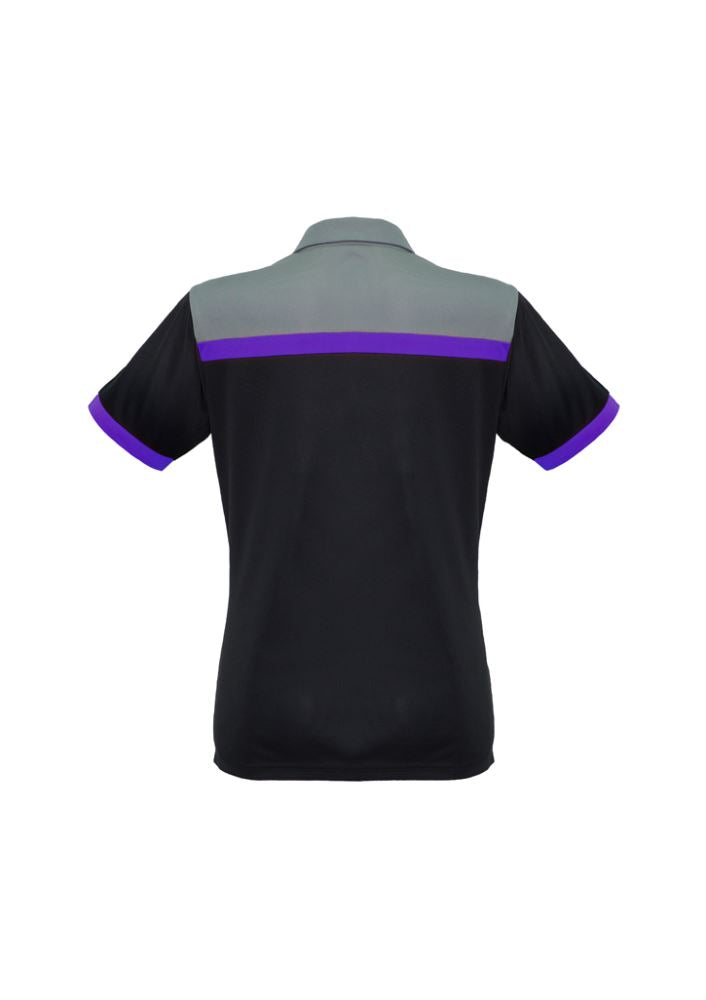 Ladies Charger Polo in Black/Purple/Grey, size 10, offering lightweight, breathable fabric with UPF protection and stylish contrast panels.