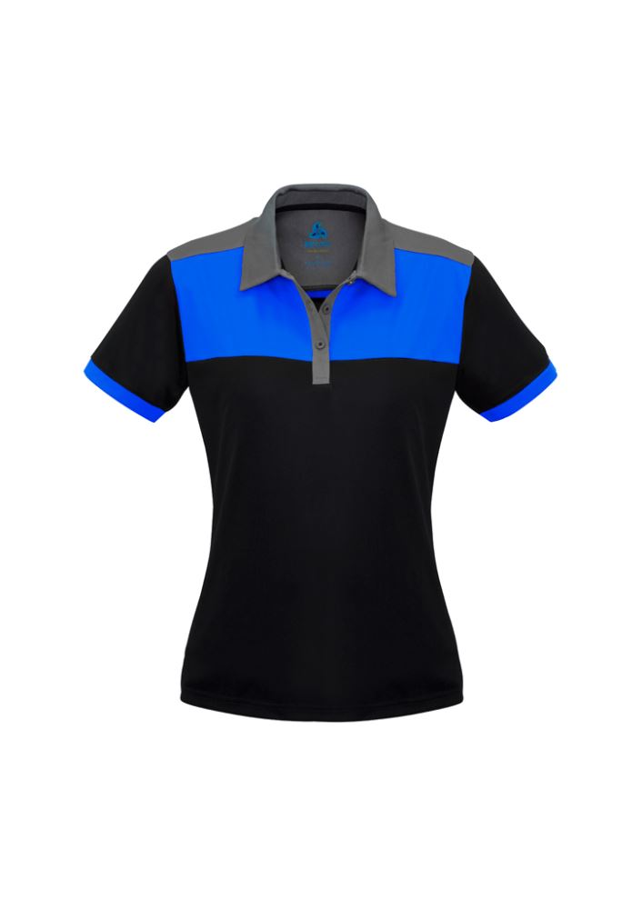Ladies Charger Polo in Black/Royal/Grey, size 18, featuring breathable fabric, UPF protection, and antibacterial odor resistance.
