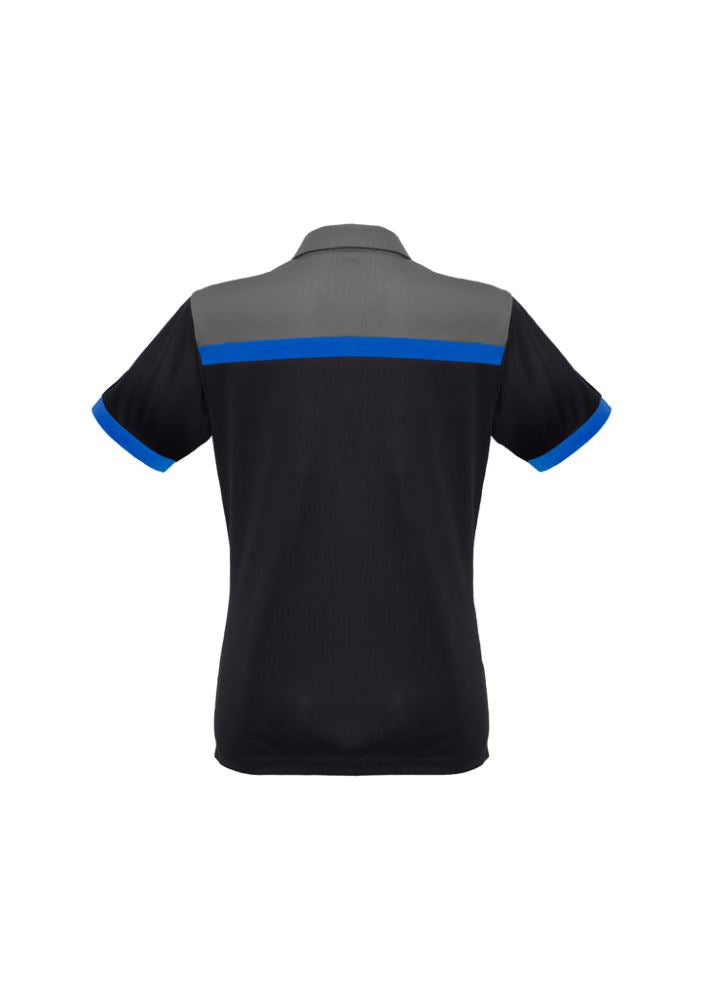 Ladies Charger Polo in Black, Royal, and Grey, size 12; features UPF protection, antibacterial fabric, and stylish contrast panels.