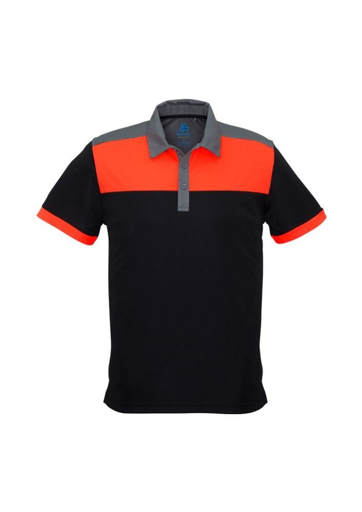 Men's Charger Polo in Black/Fluoro Orange/Grey, 3XL, featuring breathable fabric, UV protection, and antibacterial odor resistance.