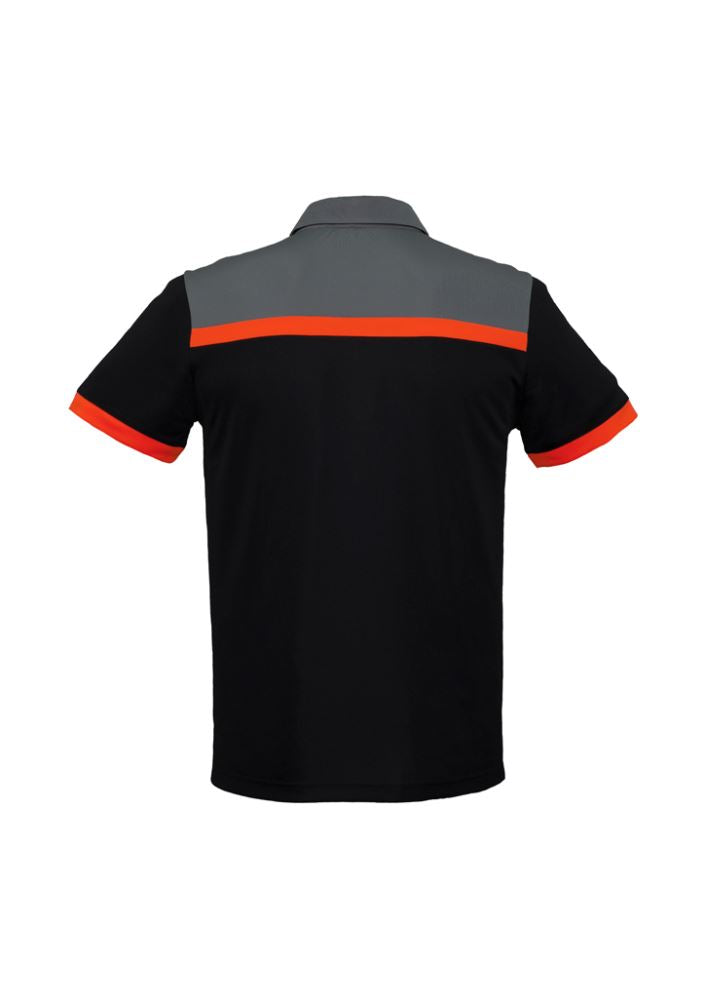 Men's Charger Polo in Black, Fluoro Orange, and Grey, featuring breathable fabric, UPF protection, and antibacterial treatment.