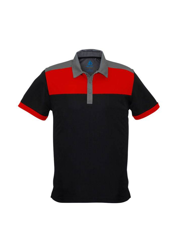 Men's 2XL Charger Polo in black, red, and grey, featuring lightweight, breathable fabric, sun protection, and stylish contrast panels.